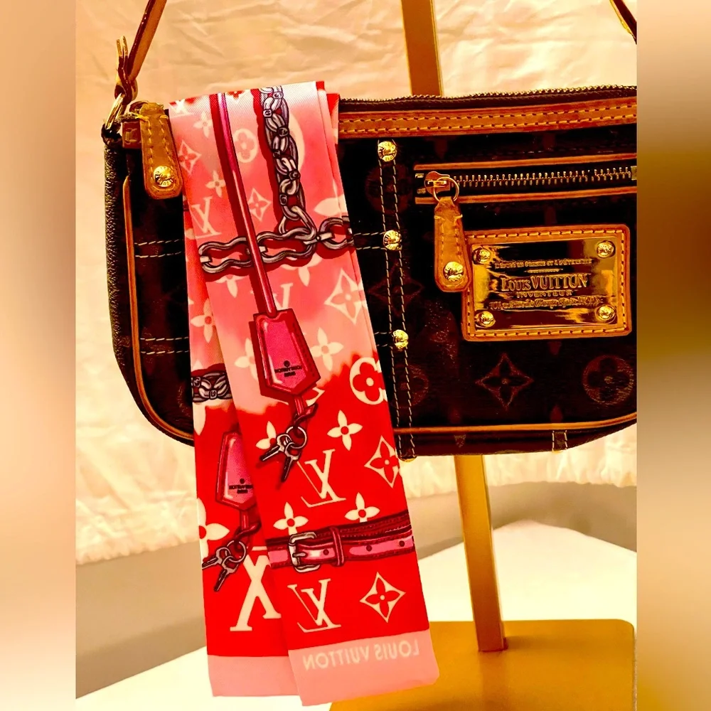 Red and Pink Iconic Monogram Print Twilly Bandeau Wrap Scarf